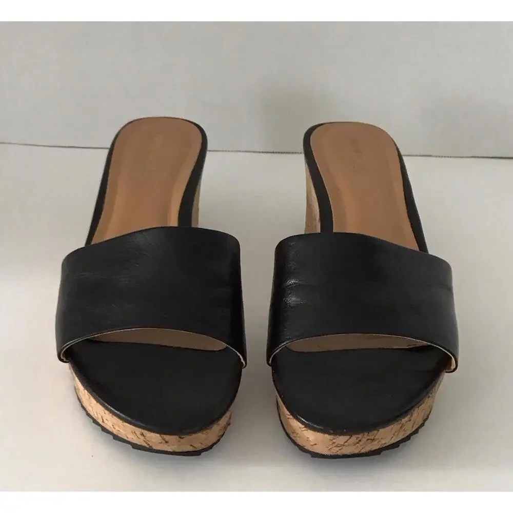 Nine West Black Leather Cork Wedge Slide on Sandal Woman’s Size 9.5 - Picture 2 of 9